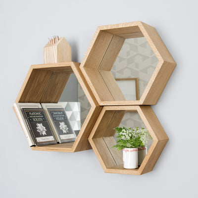 Solid wood statement hexagon mirror shelves