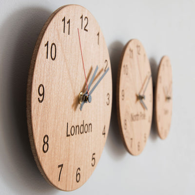 Wooden 3 clock set with personalised place names