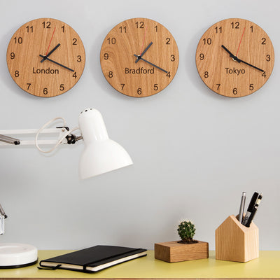 Wooden 3 clock set with personalised place names