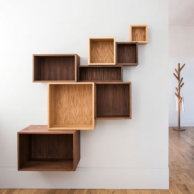 Solid wood cube shelves in walnut or oak